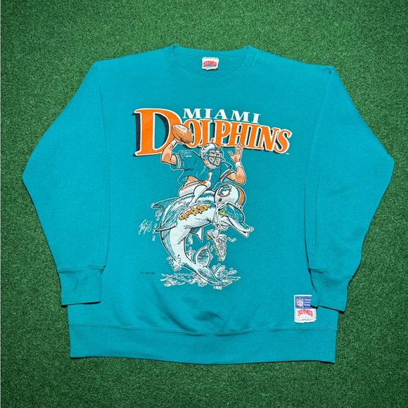Vintage 90s Miami Dolphins RARE Retro Nutmeg Mills Caricature XL Sweatshirt - Picture 1 of 11